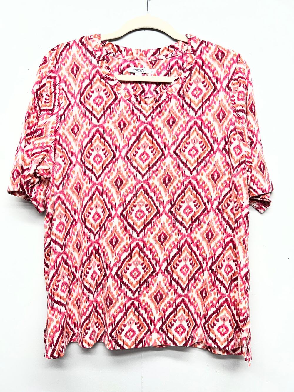 Chico's Cotton Modal Pink Orange Geometric Print Top Womens XL Everyday Wear
